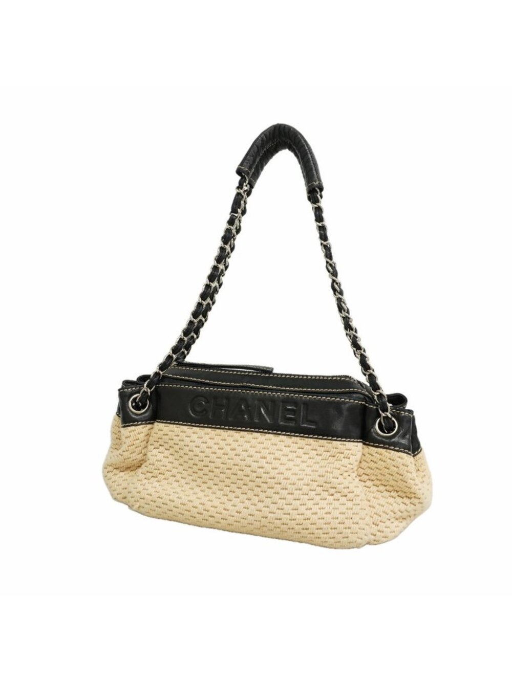 Chanel Shoulder Bag Canvas Beige Black Silver